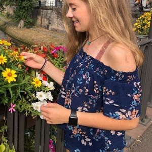 Dark Blue Floral Off the Shoulder